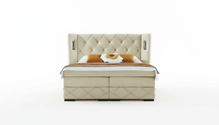 Cama tapizada Chesterfield beige mesitas de noche de dormitorio muebles de lujo