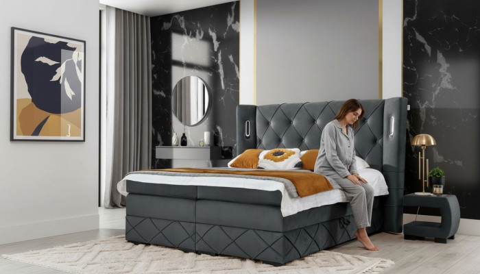 Dormitorio Cama Doble Textiles Camas Tapizadas Completas 2x Mesitas de Noche Madera