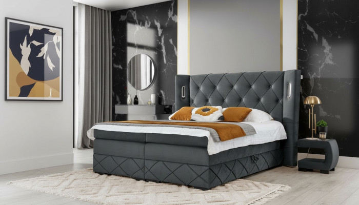 Dormitorio Cama Doble Textiles Camas Tapizadas Completas 2x Mesitas de Noche Madera