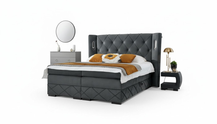 Dormitorio Cama Doble Textiles Camas Tapizadas Completas 2x Mesitas de Noche Madera