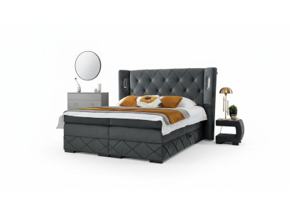 Dormitorio Cama Doble Textiles Camas Tapizadas Completas 2x Mesitas de Noche Madera