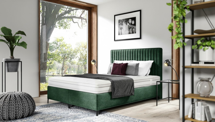 Cama tapizada de lujo con somier de resortes, textil para dormitorio, marco de madera 160x200 cm.