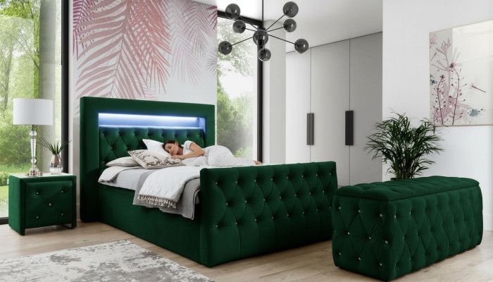 Verde conjunto de dormitorio. Conjunto completo, cama doble, taburete, consola.