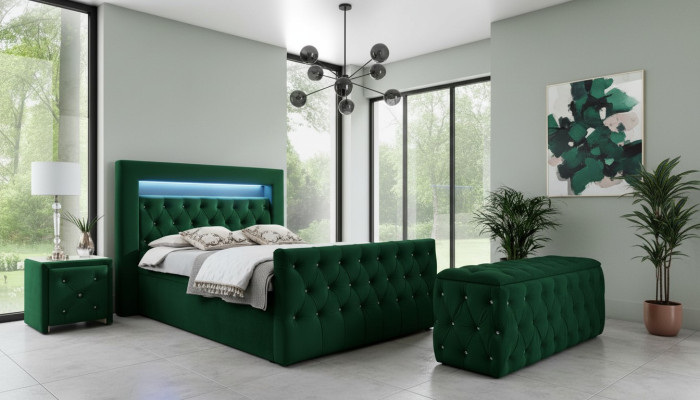 Verde conjunto de dormitorio. Conjunto completo, cama doble, taburete, consola.