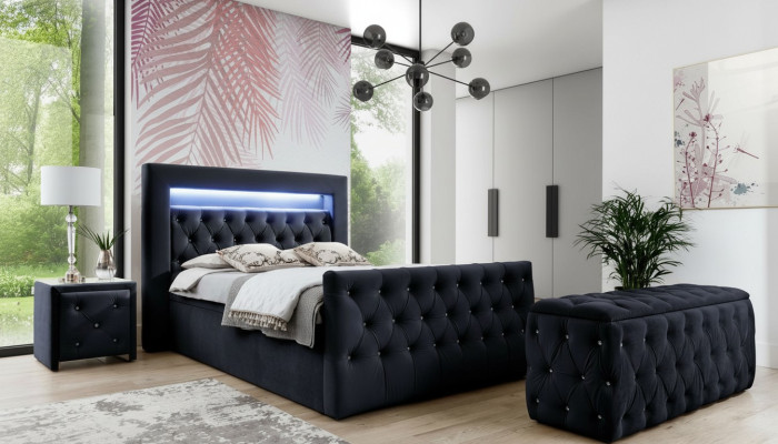 Cama de textil Chesterfield negra con LED 2 mesitas de noche de madera Taburete 4 piezas
