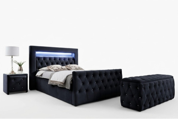Cama de textil Chesterfield negra con LED 2 mesitas de noche de madera Taburete 4 piezas