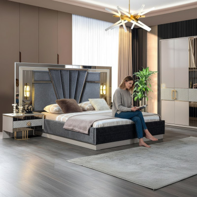 Dormitorio Set Cama con 2 mesitas de noche, decoración de lujo completa, moderna.
