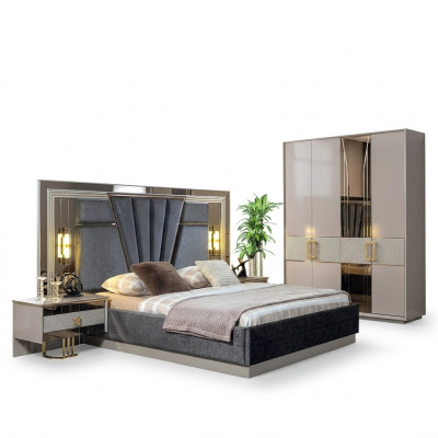Dormitorio Set Cama con 2 mesitas de noche, decoración de lujo completa, moderna.
