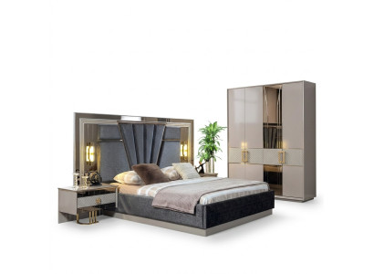 Dormitorio Set Cama con 2 mesitas de noche, decoración de lujo completa, moderna.