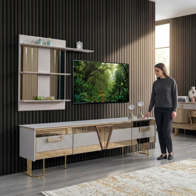 Diseño moderno en gris, pared de madera, estantes, mueble para TV completo.