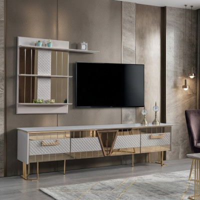 Diseño moderno en gris, pared de madera, estantes, mueble para TV completo.