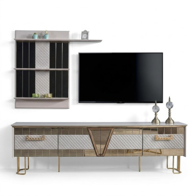 Diseño moderno en gris, pared de madera, estantes, mueble para TV completo.