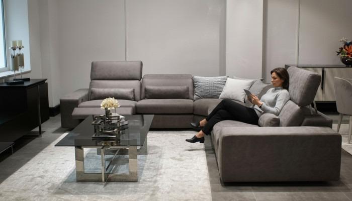 Sofá en forma de L moderno, conjunto de sala de estar en forma de esquina, diseño de mobiliario, mesa de centro.
