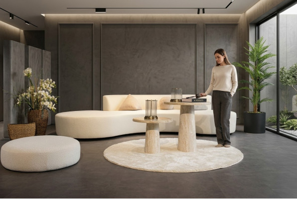 Conjunto de sala de estar Sofá de cuatro plazas Diseño de sofá Mesa de centro Taburete Mueble textil