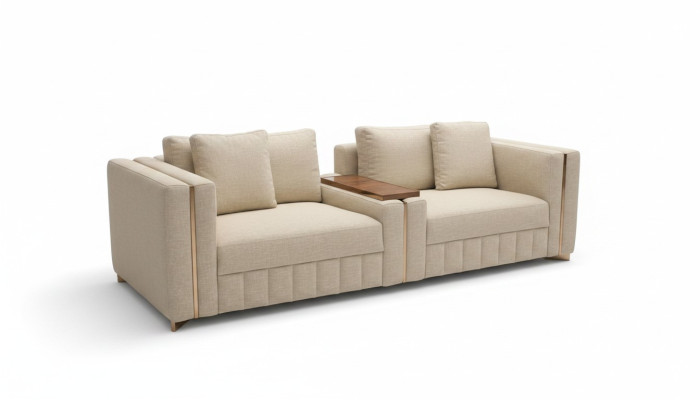 Sofá de salón moderno de dos plazas en textil beige, muebles tapizados de diseño de decoración.