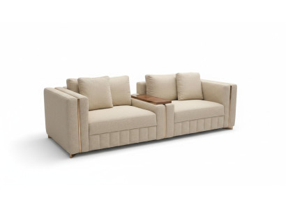 Sofá de salón moderno de dos plazas en textil beige, muebles tapizados de diseño de decoración.