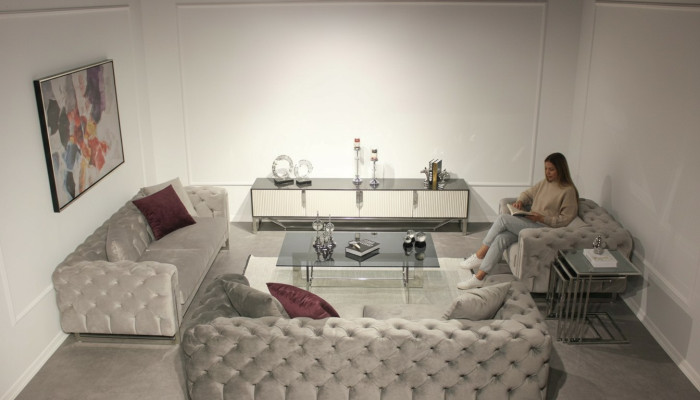 Juego de muebles de sala de estar de 6 piezas, conjunto de sofás 2x de tres plazas, soporte para TV moderno.