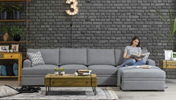 Sofá en forma de L, estilo moderno, gris, sofá esquinero, muebles de salón, diseño y decoración.