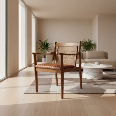 Moderno sillón de madera con tapizado de cuero para comedor, nuevo mueble.
