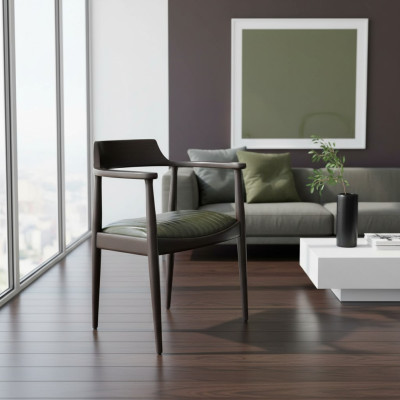 Diseño de silla de comedor con reposabrazos. Nuevo asiento de muebles. Silla de madera negra.