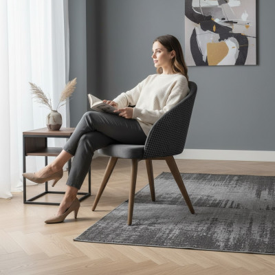 Silla de comedor de lujo con diseño, con reposabrazos, gris, asiento tapizado moderno.