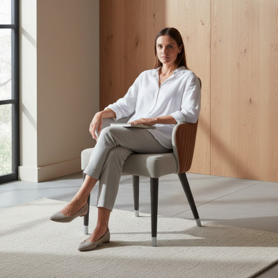 Silla de lujo con reposabrazos, asiento tapizado gris, mobiliario de diseñador para comedor moderno.