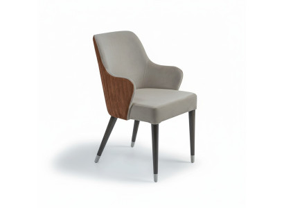 Silla de lujo con reposabrazos, asiento tapizado gris, mobiliario de diseñador para comedor moderno.