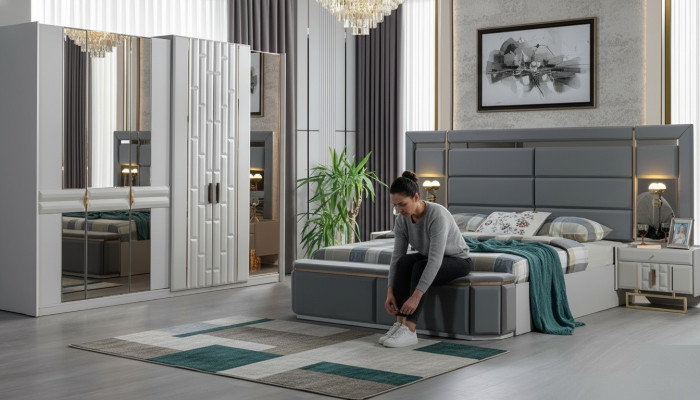 Conjunto de muebles para dormitorio completo: cama, 2 mesitas de noche, armario. Nuevo.