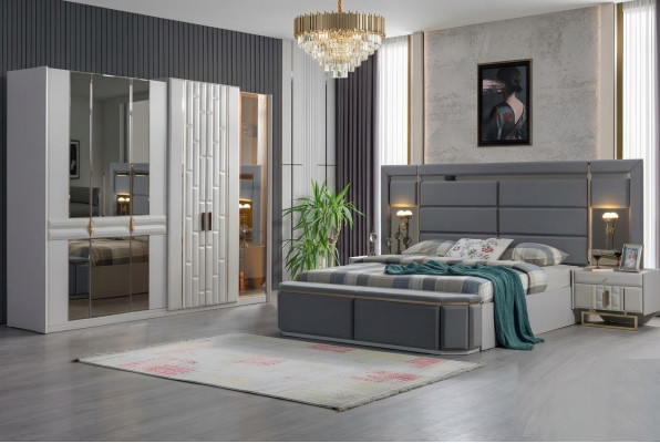 Conjunto de muebles para dormitorio completo: cama, 2 mesitas de noche, armario. Nuevo.
