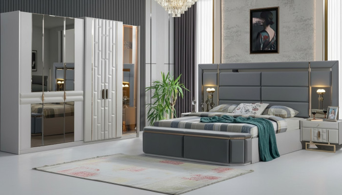 Conjunto de muebles para dormitorio completo: cama, 2 mesitas de noche, armario. Nuevo.
