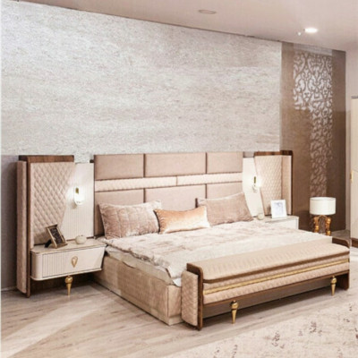 Dormitorio conjunto de lujo Diseño cama 2x mesitas de noche Moderno Mobiliario