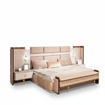 Dormitorio conjunto de lujo Diseño cama 2x mesitas de noche Moderno Mobiliario