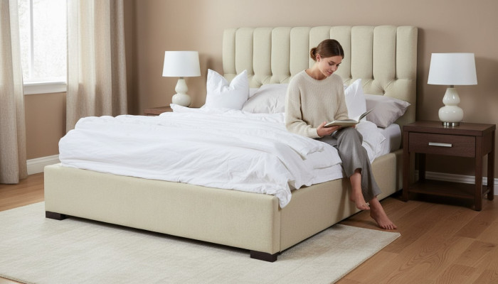 Cama beige Cama doble de madera Moderna Camas de lujo Cama de tela Dormitorio
