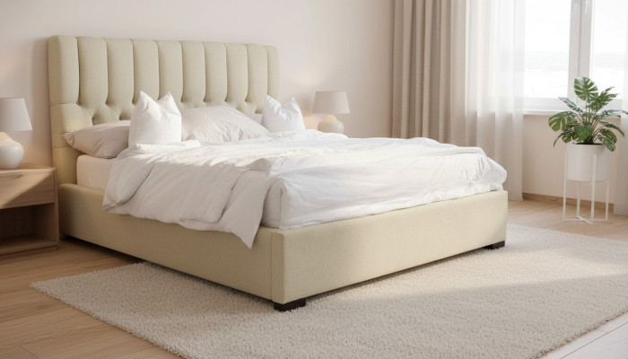 Cama beige Cama doble de madera Moderna Camas de lujo Cama de tela Dormitorio