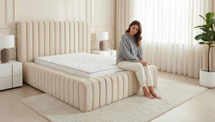 Dormitorio de lujo Cama Doble de Madera Tapizada Marco de Cama Beige