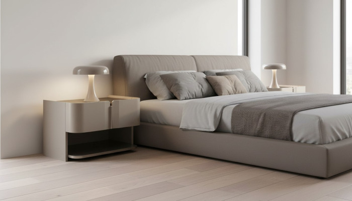 Diseño de mesita de noche gris, consola de madera para dormitorio de lujo.