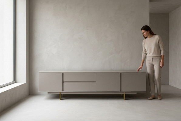 Mueble de pared de lujo con soporte de TV, mesa de TV bajera de madera en beige para sala de estar.