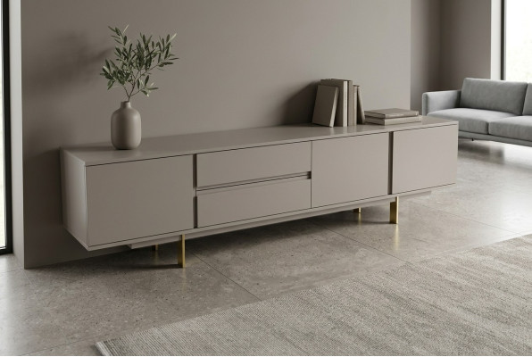 Mueble de pared de lujo con soporte de TV, mesa de TV bajera de madera en beige para sala de estar.