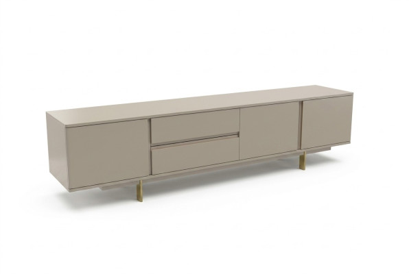 Mueble de pared de lujo con soporte de TV, mesa de TV bajera de madera en beige para sala de estar.