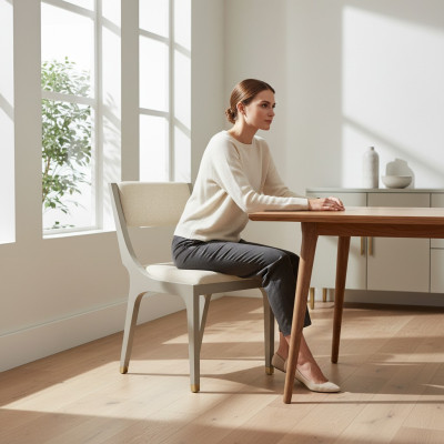 Silla de diseñador para comedor, tela de tela blanca, madera de verdad, nueva.
