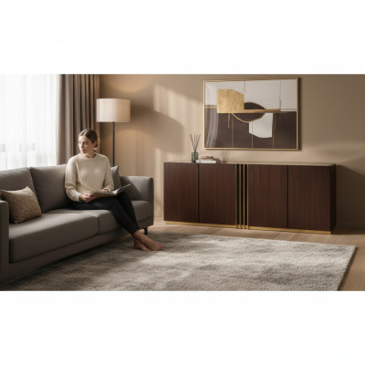 Aparador de sala de estar, bajo, marrón, de madera, mueble moderno, 208x49x80cm.