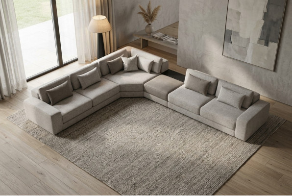 Sofá de esquina gris en forma de L, salón, muebles de tela de madera.