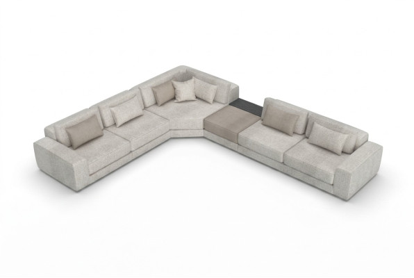Sofá de esquina gris en forma de L, salón, muebles de tela de madera.