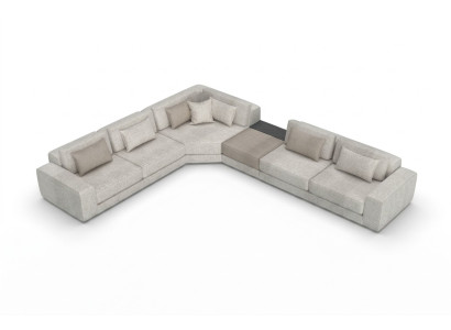 Sofá de esquina gris en forma de L, salón, muebles de tela de madera.