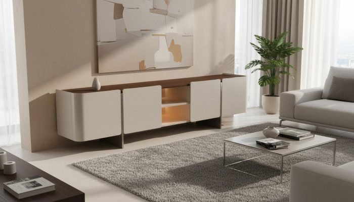 Moderna pared de salón diseño soporte de TV lujo gris lowboard nuevo