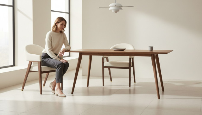 Diseño de sillas tapizadas de hotel en tela y madera para el comedor nuevo.