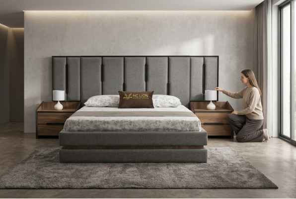 Juego de dormitorio moderno de 3 piezas: cama elegante, 2 mesitas de noche completas.