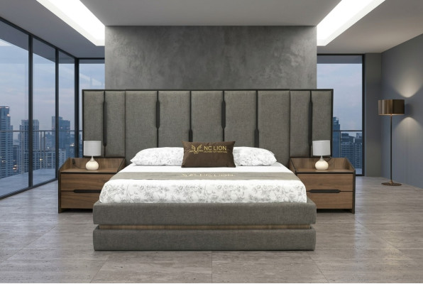 Juego de dormitorio moderno de 3 piezas: cama elegante, 2 mesitas de noche completas.