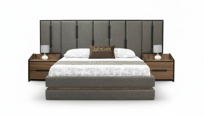 Juego de dormitorio moderno de 3 piezas: cama elegante, 2 mesitas de noche completas.