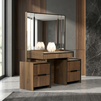 Elegante tocador con espejo, muebles de lujo en el dormitorio, nuevo.